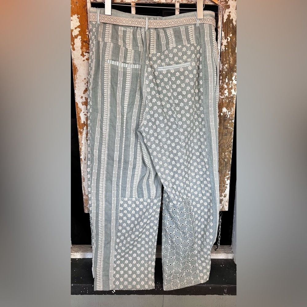 ZARA Embroidered Patchwork Wide Leg Pants Sage Boho High Rise Belted XXL - Picture 7 of 10